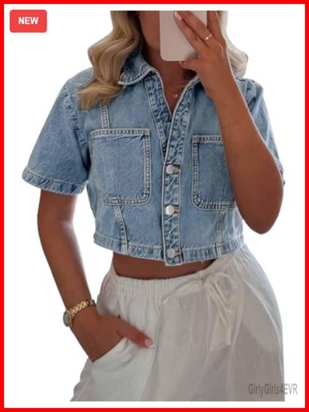 Women's Short Sleeve Crop Denim Jacket Button Down Jean Shirt